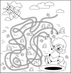 children's educational game. A children's puzzle. Children's maze. Colorful cartoon characters. Funny vector illustration. Isolated on a white background. coloring book. the boy and the kite
