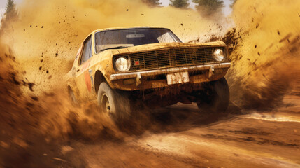 Obraz na płótnie Canvas A SUV racing down a muddy dirt race track spraying mud everywhere. Generative AI