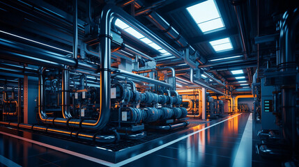 Fototapeta premium Equipment, cables and piping as found inside of a industrial power plant,