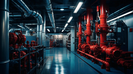 Equipment, cables and piping as found inside of a industrial power plant,