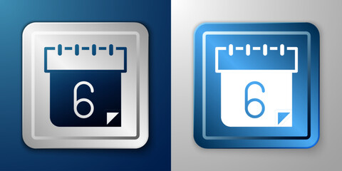 White Calendar icon isolated on blue and grey background. Event reminder symbol. Silver and blue square button. Vector