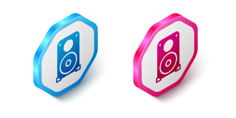 Isometric Stereo speaker icon isolated on white background. Sound system speakers. Music icon. Musical column speaker bass equipment. Hexagon button. Vector