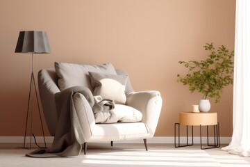 A contemporary living room with a plush seat, a table, and flower in the background. AI generated.