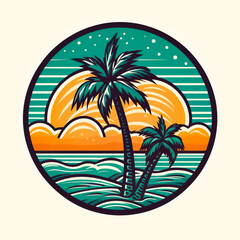 Palm trees against the sea.
Palm trees against the backdrop of sunset or dawn.
The postcard symbolizes rest, vacation and tourism. Generative AI illustration
