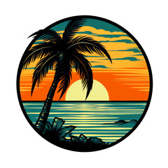 Fototapeta na wymiar Palm trees against the sea. Palm trees against the backdrop of sunset or dawn. The postcard symbolizes rest, vacation and tourism. Generative AI illustration 