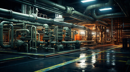 Fototapeta premium Equipment, cables and piping as found inside of a industrial power plant,
