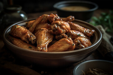 Close up view of fried chicken wings.