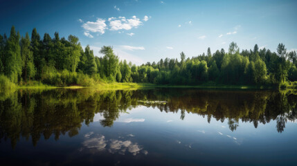 Fototapeta na wymiar Serene lake reflecting surrounding foliage and summer sky