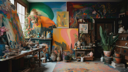 Bohemian artist studio filled with colorful canvases and paints