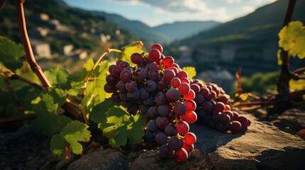 Fototapeta premium Clusters of ripe grapes on a mountainside in Italy created with generative AI technology