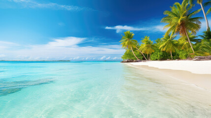 Fototapeta na wymiar Tropical sand beach with palm trees and clear water on island
