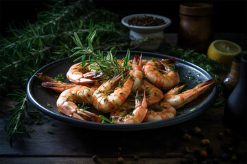 Shrimps standing in the pan.Closeup view