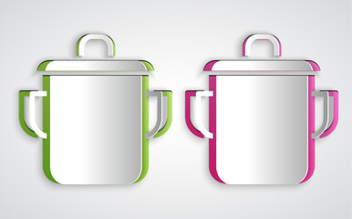 Paper cut Cooking pot icon isolated on grey background. Boil or stew food symbol. Paper art style. Vector