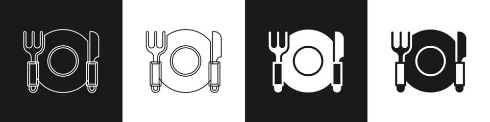 Set Plate, fork and knife icon isolated on black and white background. Cutlery symbol. Restaurant sign. Vector