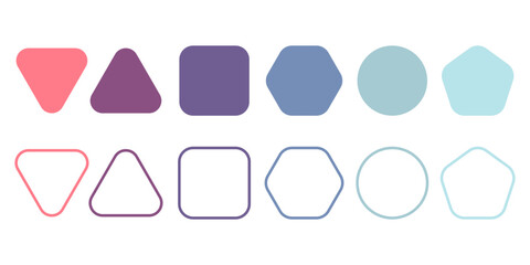 Rounded shape set. Line and flat shape elements. Colorful, pastel purple, blue polygons. Triangle, square, circle, pentagon, hexagon.