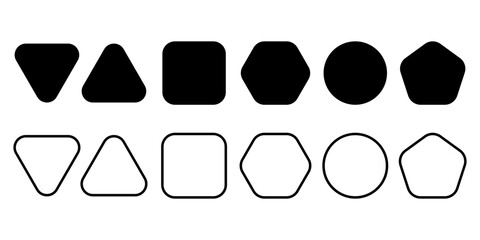 Rounded shape set. Line and flat shape elements. Black polygons. Triangle, square, circle, pentagon, hexagon.