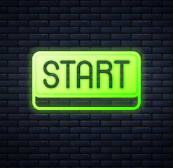 Fototapeta premium Glowing neon Ribbon in finishing line icon isolated on brick wall background. Symbol of finish line. Sport symbol or business concept. Vector
