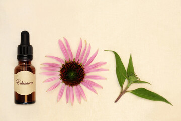 Echinacea herb for natural herbal remedies with tincture bottle, flower head, leaf sprig on hemp paper background.