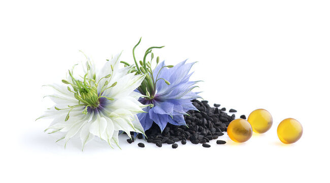 Capsules black cumin oil with cumin seeds in closeup on white background