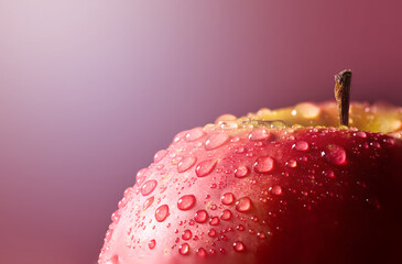 Macro red apple in water drops with blurry background