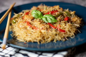 Asian salad with glass noodles, chicken, prawn, shrimp and vegetables