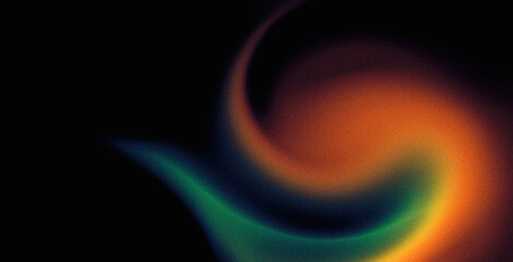 Dark grainy gradient background, orange green yellow abstract swirl shape on black, noise texture effect