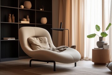 A comfortable and welcoming reading interior featuring a soft armchair and a standing lamp, situated in front of a spacious window. 