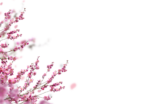 Sakura spring cherry blossom flowers on a tree branch isolated. Branch overlay. Pink white flower on transparent background.