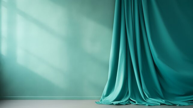 Elegant Room with Curtains in turquoise Colors and Shadow of Windows. Studio Background for Product Presentation.

