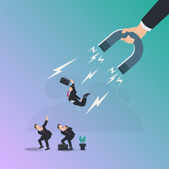 Hand holding a big magnet attract the businessman. Recruitment concept vector illustration