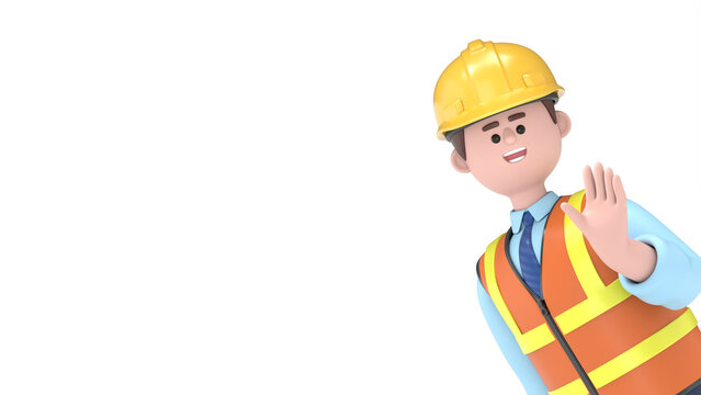 3D illustration of male engineer Owen saying hello.Engineer presentation clip art isolated on white background
