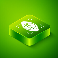 Isometric 360 degree view icon isolated on green background. Virtual reality. Angle 360 degree camera. Panorama photo. Green square button. Vector