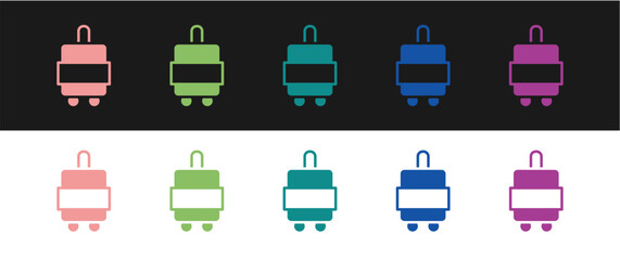 Set Suitcase for travel icon isolated on black and white background. Traveling baggage sign. Travel luggage icon. Vector