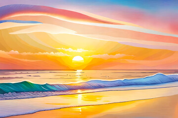 Tranquil watercolor vector sea beach at sunset background with soft pastel hues blending together in the sky