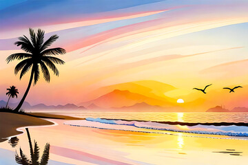 Fototapeta na wymiar Tranquil watercolor vector sea beach at sunset background with soft pastel hues blending together in the sky