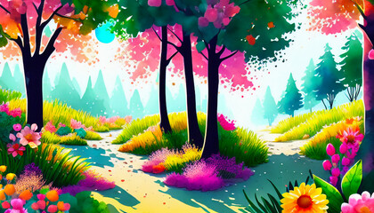 Vector abstract and dynamic background with organic nature, trees, mountain, and river
