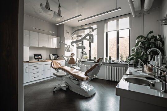 Modern Dental Clinic, Dentist chair and other accessories used by dentists in blue medical light. Image generated by AI