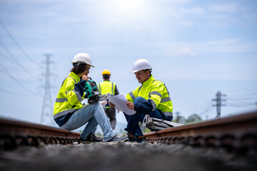 Surveyor engineers team wearing safety uniform,helmet and blueprint document checking inspection by...