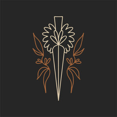 Sword with patterns and plants. Black gold mystical esoteric witchcraft vector and printable image, unique boho style illustration, printable poster, postcard.