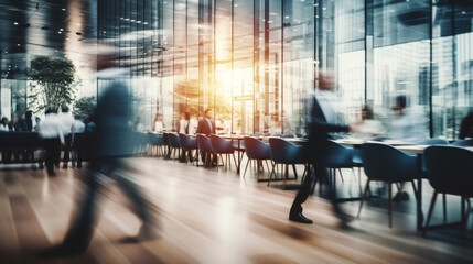 motion blur image of business people crowd walking at corporate office in city downtown, blurred background, business center concept, Generative AI