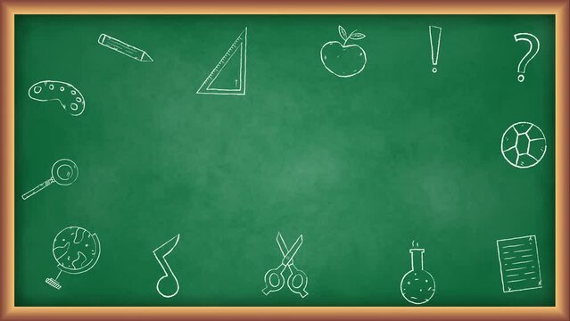 green chalkboard frame with looping texture and doodle animation, back to school concept, suitable for video explainer , 4K motion
