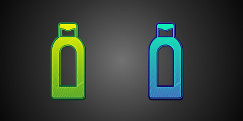 Green and blue Bottle of shampoo icon isolated on black background. Vector