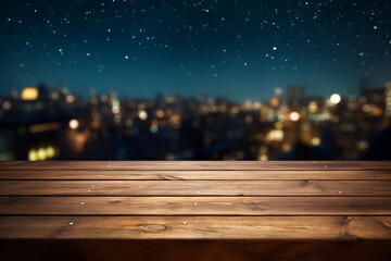 empty brown wooden floor or wood board table with blurred abstract night light bokeh background, copy space for display of product or object presentation, vintage color tone, Generative AI