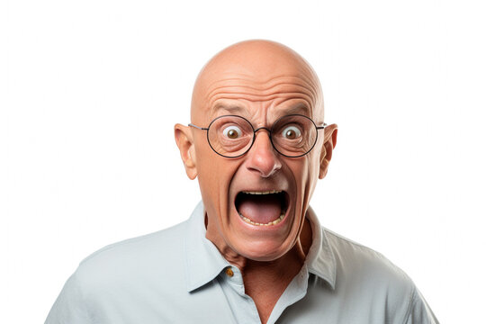 Bald senior man with a funny face expression fooling around. Isolated on white. Emotions. High quality photo