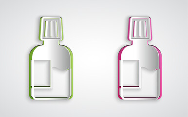 Paper cut Mouthwash plastic bottle icon isolated on grey background. Liquid for rinsing mouth. Oralcare equipment. Paper art style. Vector
