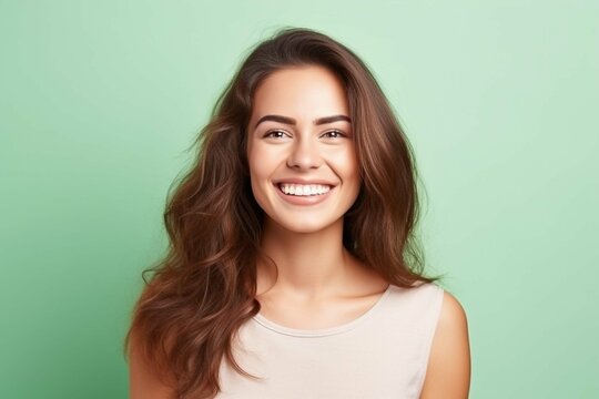 Smiling businesswoman, in front of green background, beautiful dark-haired woman in shirt, profile photo, isolated photo of people, employee photo