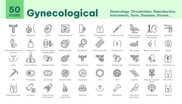 Icons gynecological, circumcision, reproduction, instruments, tests, diseases, viruses