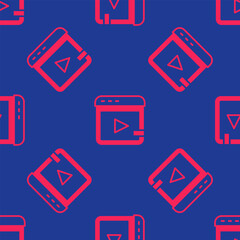 Red Video advertising icon isolated seamless pattern on blue background. Concept of marketing and promotion process. Responsive ads. Social media advertising. Vector