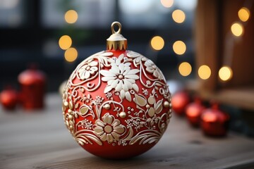 Closeup of one ornate christmas ball. Generative AI