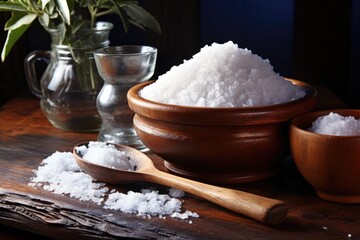 Fototapeta na wymiar Salt in a bowl on a wooden table. Generative AI